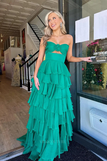 Prom Dresses 2025 to impress Chic Strapless Prom Dress with Rosette Bodice, Tiered Ruffle Skirt and High Slit – 26160-vigocouture-vigocouture