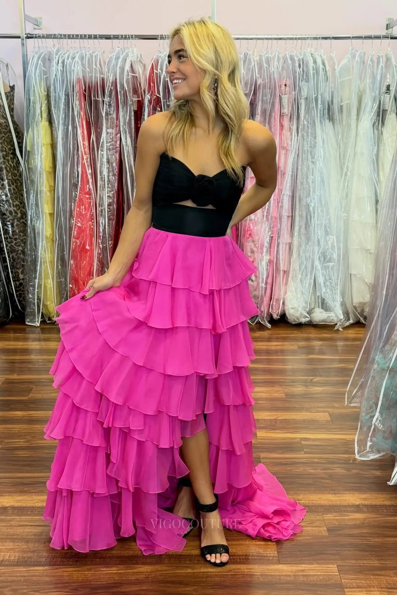 Prom Dresses 2025 to impress Chic Strapless Prom Dress with Rosette Bodice, Tiered Ruffle Skirt and High Slit – 26160-vigocouture-vigocouture