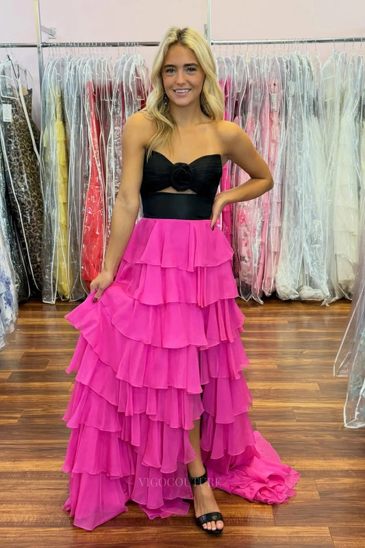 Prom Dresses 2025 to impress Chic Strapless Prom Dress with Rosette Bodice, Tiered Ruffle Skirt and High Slit – 26160-vigocouture-Hot Pink-US 0-vigocouture