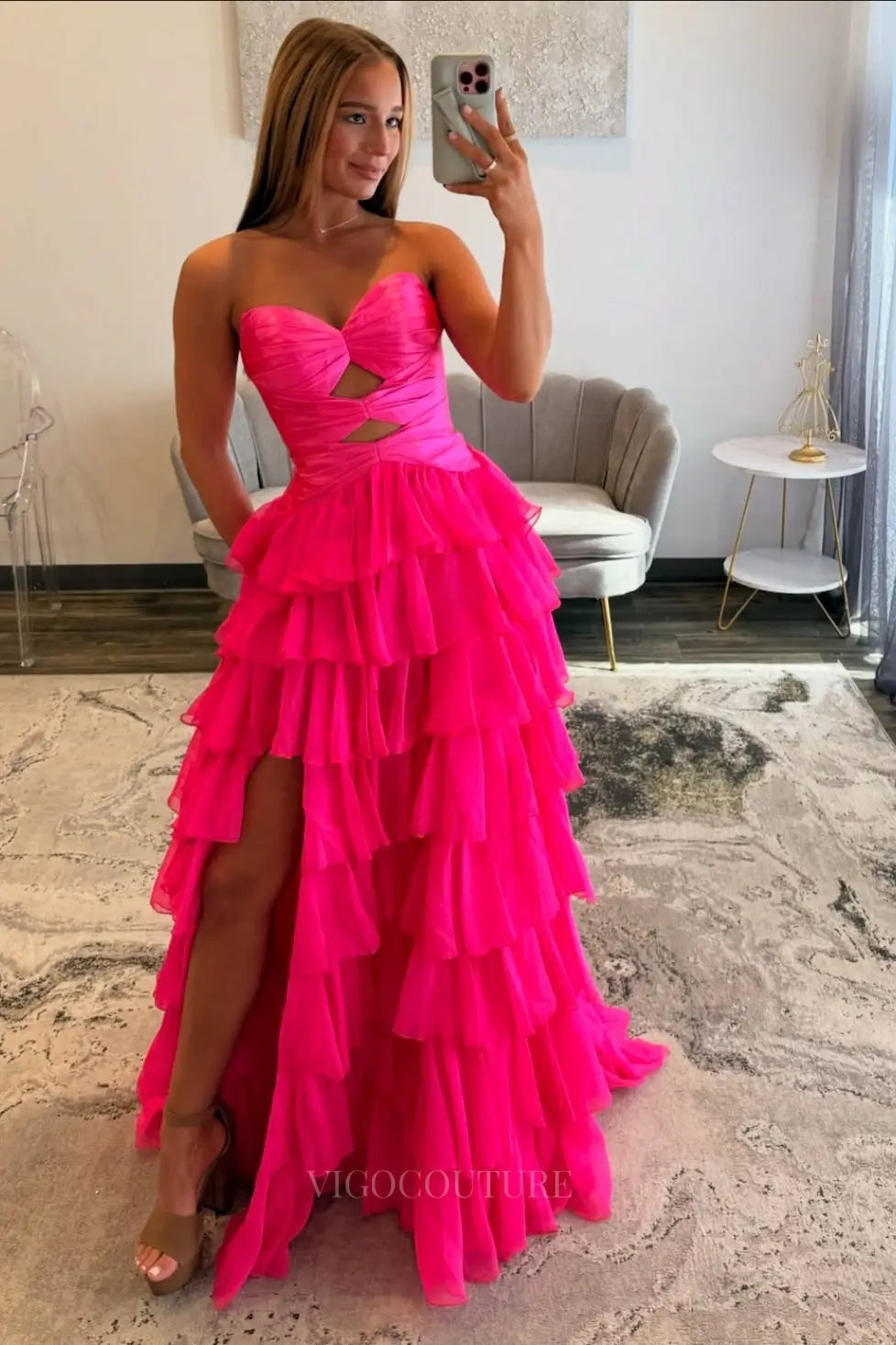 Prom Dresses 2025 to impress Chic Tiered Ruffle Prom Dress with Strapless Cutout Bodice and High Slit – 26162-vigocouture-Hot Pink-US 0-vigocouture