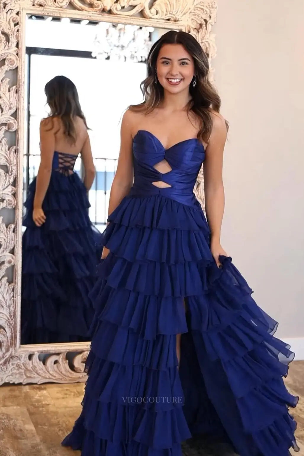 Prom Dresses 2025 to impress Chic Tiered Ruffle Prom Dress with Strapless Cutout Bodice and High Slit – 26162-vigocouture-vigocouture