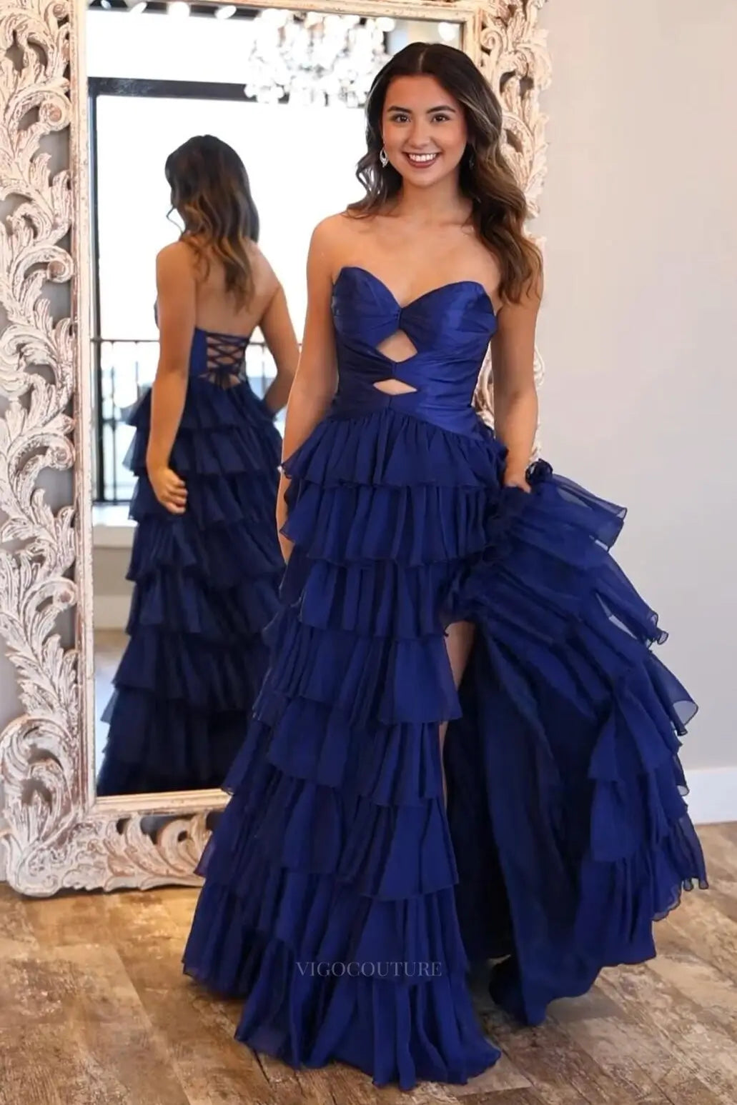 Prom Dresses 2025 to impress Chic Tiered Ruffle Prom Dress with Strapless Cutout Bodice and High Slit – 26162-vigocouture-Navy-US 0-vigocouture
