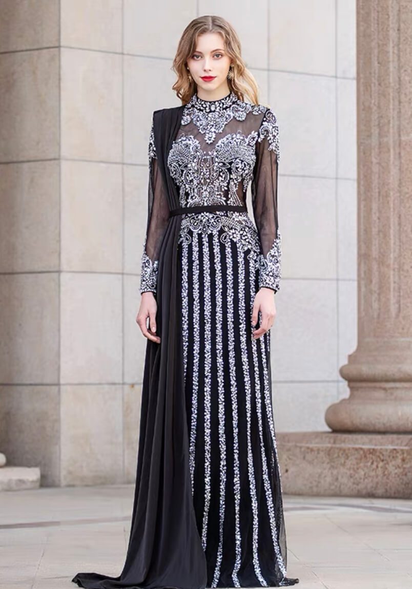 Prom Dress 2025 Convertible Beaded Long Sleeve Prom Dress 20787-unique elegant Prom Dresses-Black-US2-vigocouture