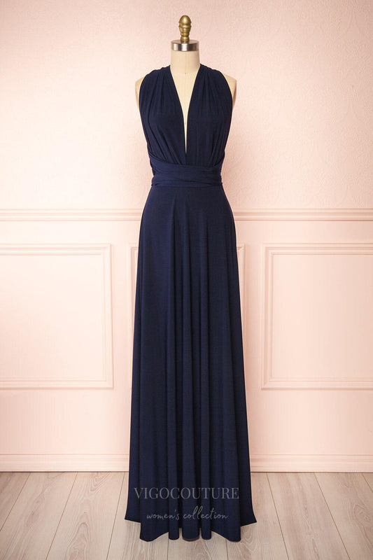 Prom Dress 2025 Convertible Bridesmaid Dress Stretchable Woven Dress Pleated Prom Dress Multiway Dress 20860-Navy Blue-unique elegant Prom Dresses-Navy Blue-US2-vigocouture