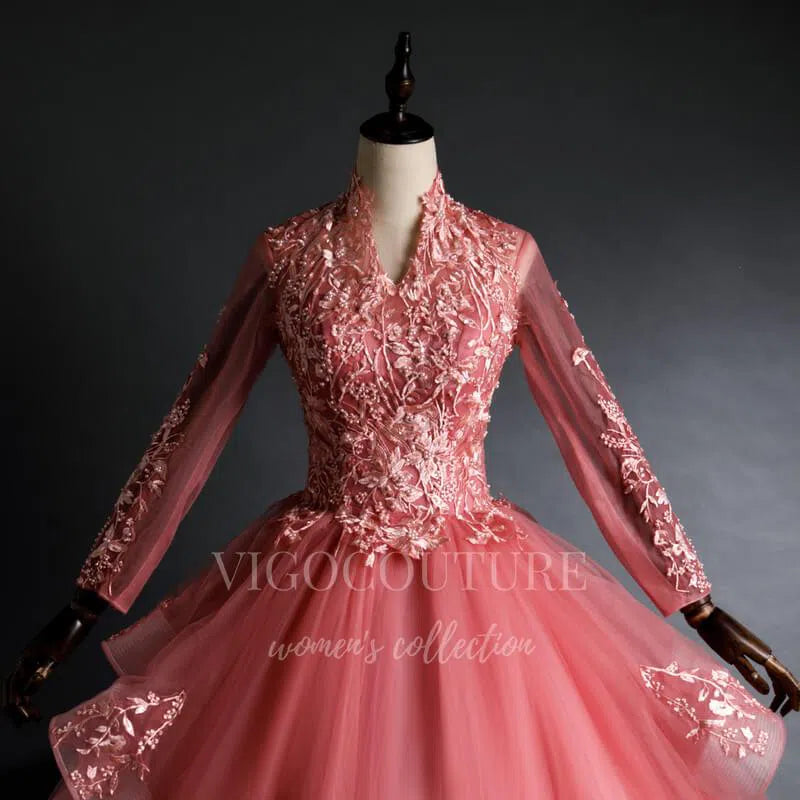 vigocouture-Coral Long Sleeve Quinceañera Dresses Lace Applique Ball Gown 20469-Prom Dresses-vigocouture-