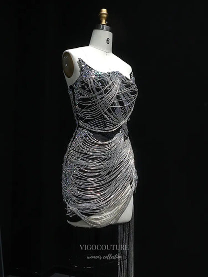 Crystal Fringe Corset Mini Dress with Rhinestones Style 25339 Silver / 12 Crystal Fringe Corset Mini Dress with Rhinestones Style 25339 Silver / 12