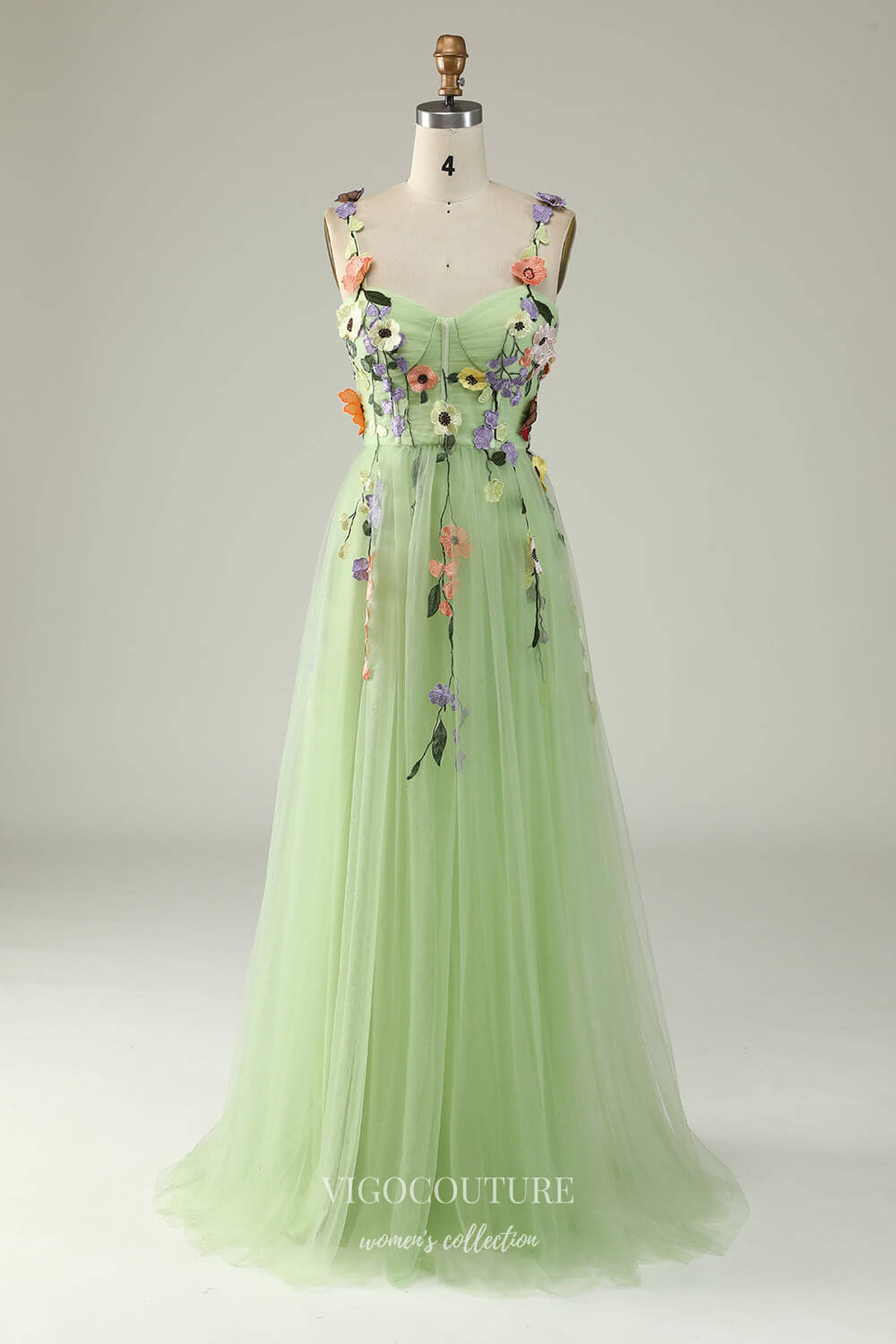 Prom Dress 2025 Cute Floral Spaghetti Strap Prom Dresses Lace Applique Formal Gown 24536-unique elegant Prom Dresses-Light Green-Custom Size-vigocouture