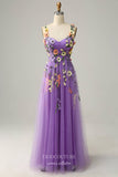 Prom Dress 2025 Cute Floral Spaghetti Strap Prom Dresses Lace Applique Formal Gown 24536-unique elegant Prom Dresses-Lavender-Custom Size-vigocouture