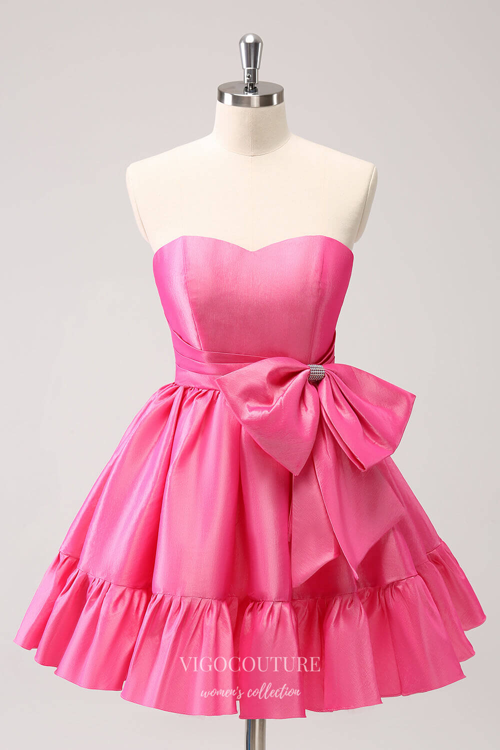 Short Prom Dresses 2025 Cute Hot Pink Bow Homecoming Dresses Shimmering Satin Back to School Dress hc371-Prom Dresses-vigocouture-Hot Pink-Custom Size-vigocouture