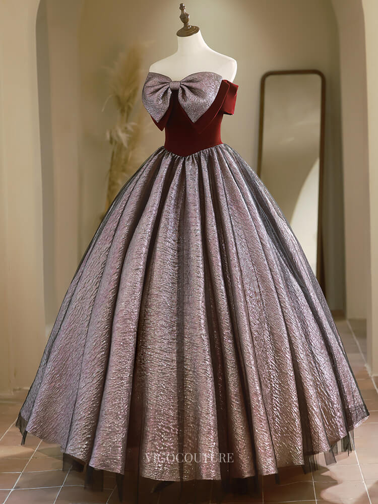 Cute Jacquard Prom Dresses with Big Bow, Velvet Bodice, Off the Should – vigocouture