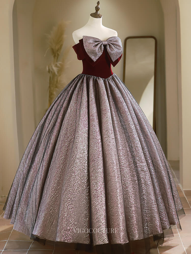 Cute Jacquard Prom Dresses with Big Bow, Velvet Bodice, Off The Shoulder Quinceanera Dresses BG023 Burgundy / US4 Cute Jacquard Prom Dresses with Big Bow, Velvet Bodice, Off The Shoulder Quinceanera Dresses BG023 Burgundy / US4