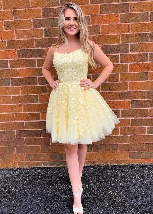 Cute Lace Applique Homecoming Dress with Spaghetti Strap hc256 Yellow / US0