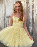 Short Prom Dresses 2025 Cute Lace Applique Homecoming Dress with Spaghetti Strap hc257-Prom Dresses-vigocouture-Yellow-US0-vigocouture