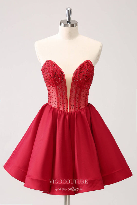 Short Prom Dresses 2025 Cute Red Beaded Sweetheart Neck Homecoming Dresses Satin Back to School Dress hc369-Prom Dresses-vigocouture-Red-Custom Size-vigocouture