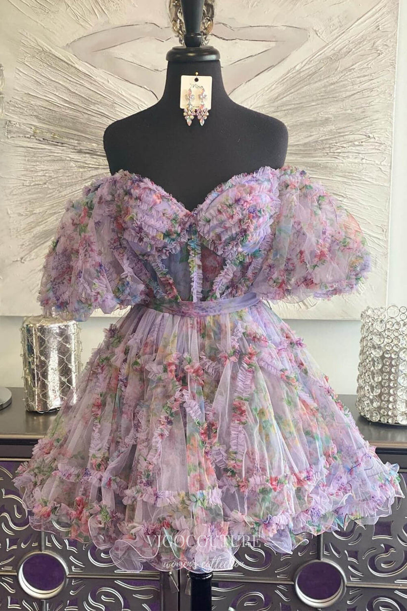 cute ruffle dresses Ruffled Tiered Floral Homecoming Puffed Sleeve Sweetheart Coogi Luxe Dress Shirts Control Type: Minimize Thighs Type:Stitched