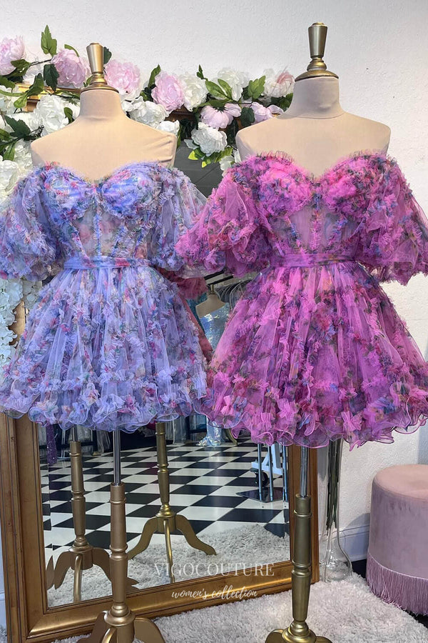 Cute Ruffled Tiered Floral Homecoming Dresses Puffed Sleeve Sweetheart