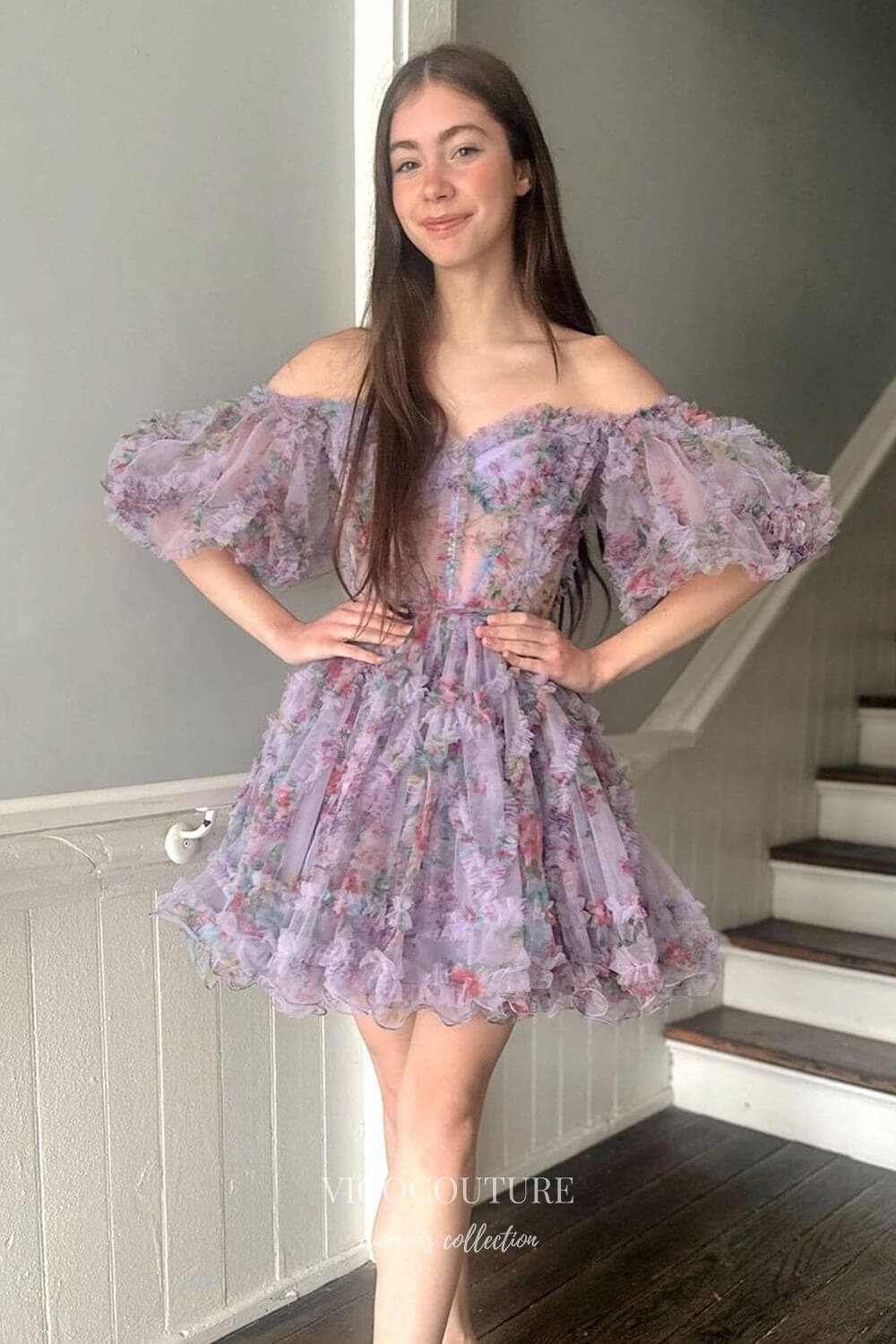 Cute Ruffled Tiered Floral Homecoming Dresses Puffed Sleeve Sweetheart Short Prom Dress hc441