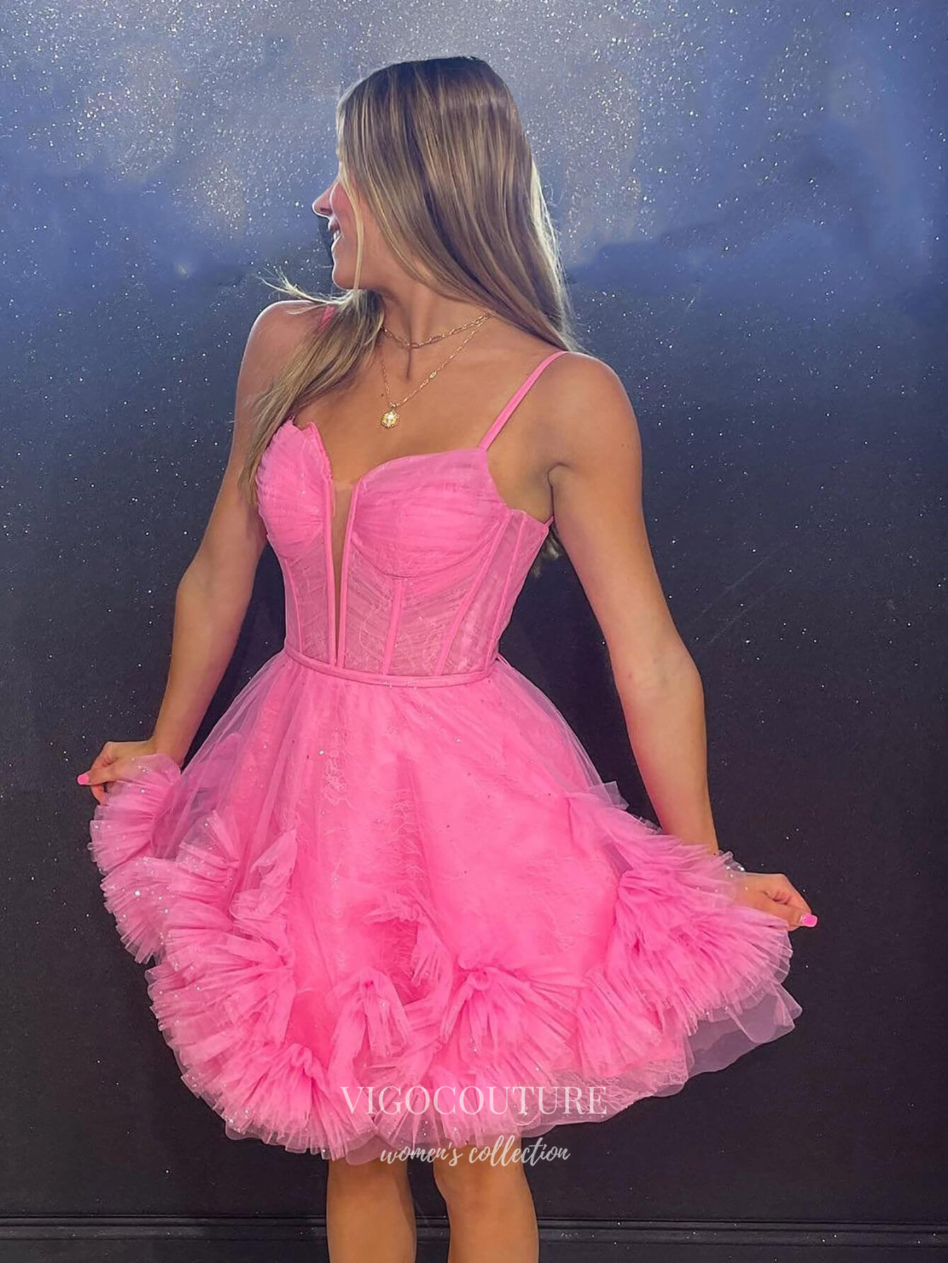 Cute Sparkly Ruffled Homecoming Dresses Spaghetti Strap Graduation Dress hc464 Pink / 16W Cute Sparkly Ruffled Homecoming Dresses Spaghetti Strap Graduation Dress hc464 Pink / 16W