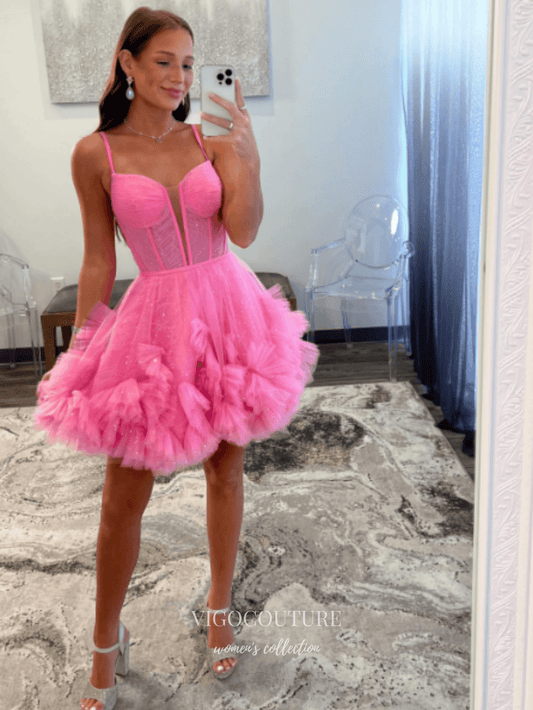 Short Prom Dresses 2025 Cute Sparkly Ruffled Homecoming Dresses Spaghetti Strap Graduation Dress hc464-Prom Dresses-vigocouture-Pink-Custom Size-vigocouture