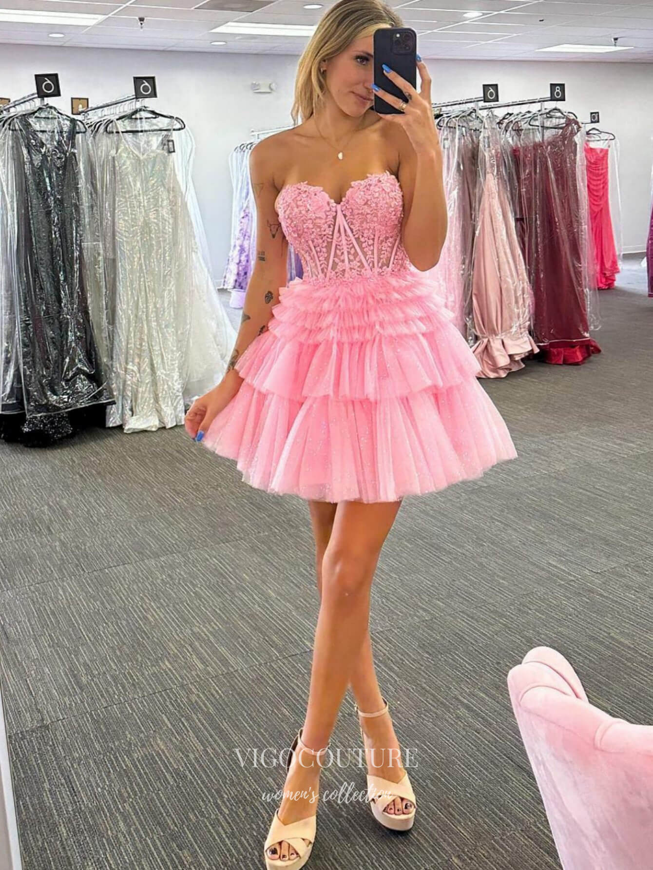 Short Prom Dresses 2025 Cute Sweetheart Tiered Homecoming Dresses Strapless Lace Applique Graduation Dress hc453-Prom Dresses-vigocouture-vigocouture