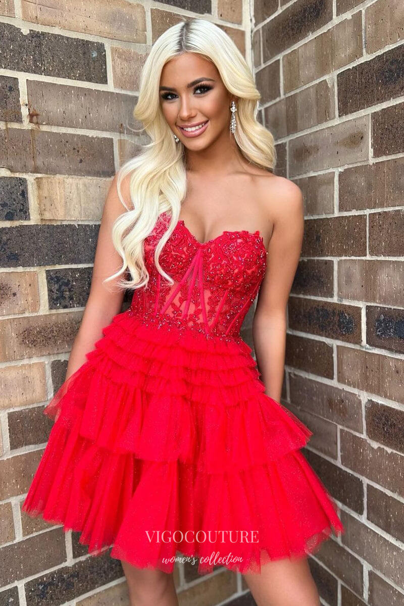 Short Prom Dresses 2025 Cute Sweetheart Tiered Homecoming Dresses Strapless Lace Applique Graduation Dress hc453-Prom Dresses-vigocouture-Red-Custom Size-vigocouture