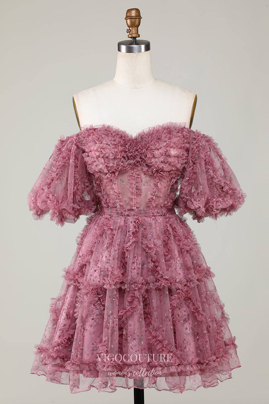 Short Prom Dresses 2025 Cute Tiered Ruffled Floral Homecoming Dresses Puffed Sleeve Back to School Dress hc391-Prom Dresses-vigocouture-Dusty Pink-Custom Size-vigocouture