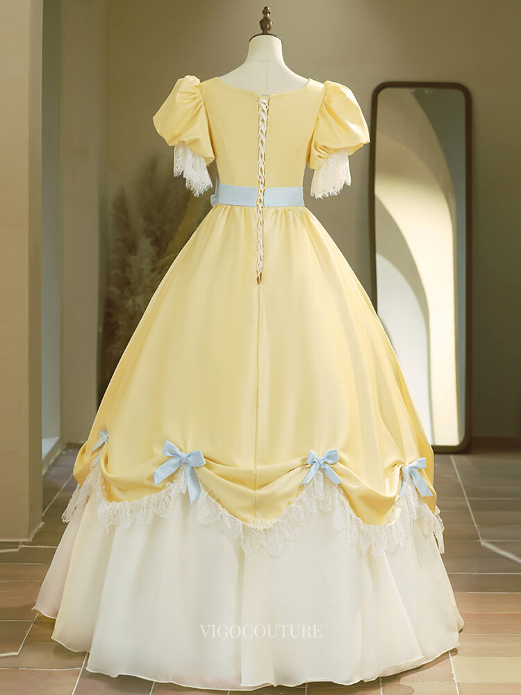 Cute Yellow Satin Prom Dresses with Puffed Sleeve, Bow, Lace, Quinceanera Dresses BG021 Yellow / 26W Cute Yellow Satin Prom Dresses with Puffed Sleeve, Bow, Lace, Quinceanera Dresses BG021 Yellow / 26W