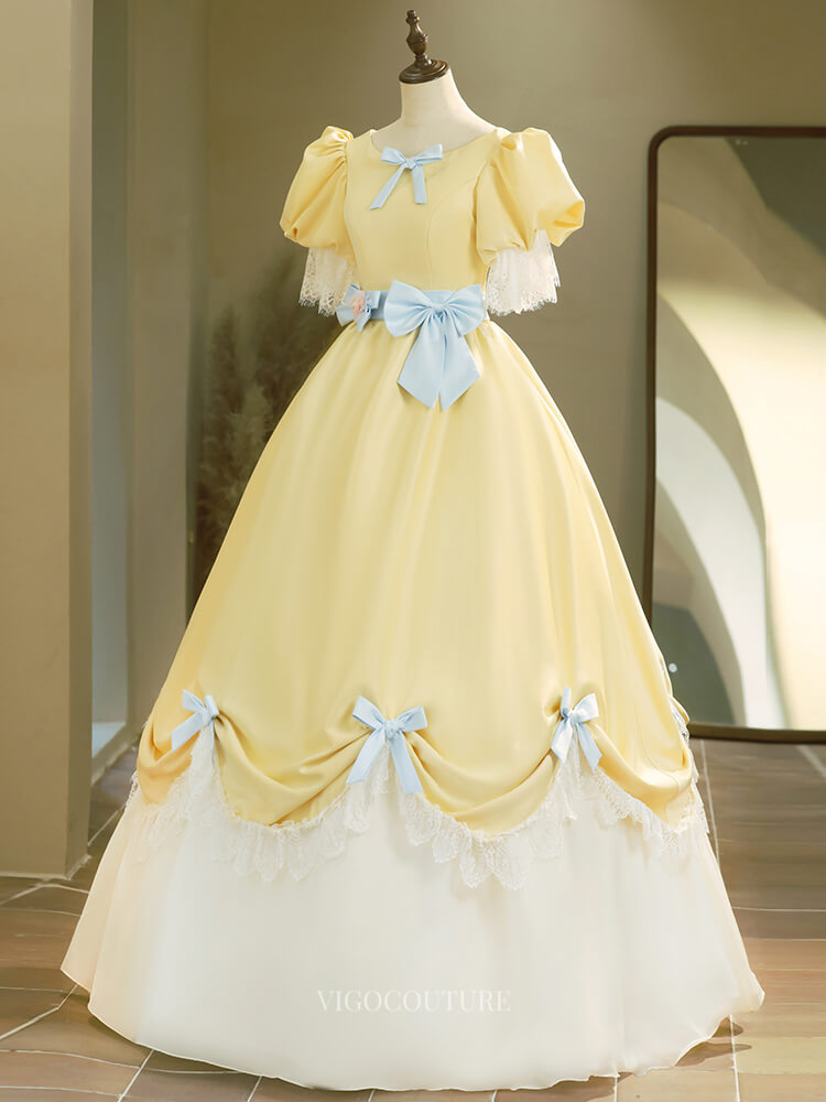 Prom Dresses 2025 to impress Cute Yellow Satin Prom Dresses with Puffed Sleeve, Bow, Lace, Quinceanera Dresses BG021-vigocouture-vigocouture