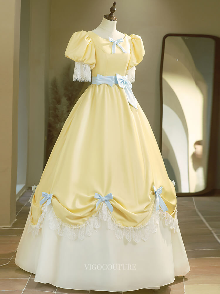 Prom Dresses 2025 to impress Cute Yellow Satin Prom Dresses with Puffed Sleeve, Bow, Lace, Quinceanera Dresses BG021-vigocouture-vigocouture