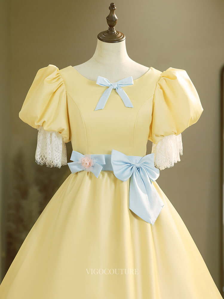 Prom Dresses 2025 to impress Cute Yellow Satin Prom Dresses with Puffed Sleeve, Bow, Lace, Quinceanera Dresses BG021-vigocouture-vigocouture