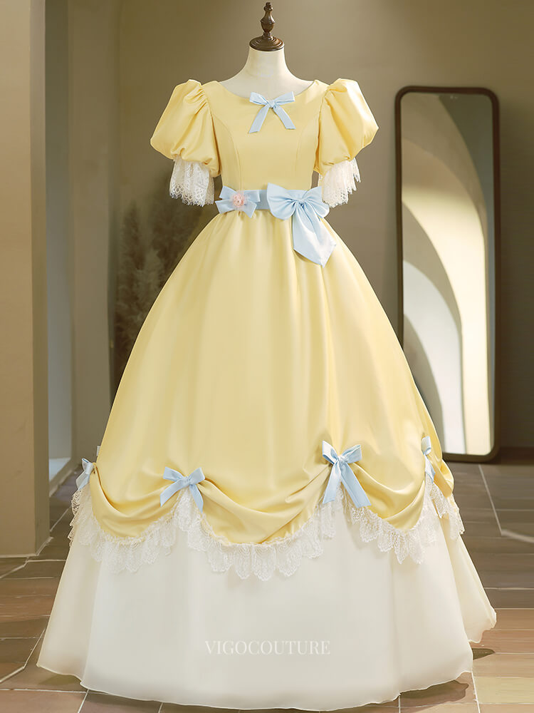 Prom Dresses 2025 to impress Cute Yellow Satin Prom Dresses with Puffed Sleeve, Bow, Lace, Quinceanera Dresses BG021-vigocouture-Yellow-Custom Size-vigocouture