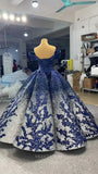 Prom Dress 2025 Dark Blue Lace Applique Ball Gown Off the Shoulder Formal Dresses 66536B-unique elegant Prom Dresses-Blue-Custom Size-vigocouture