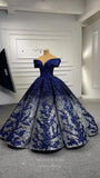 Prom Dress 2025 Dark Blue Lace Applique Ball Gown Off the Shoulder Formal Dresses 66536B-unique elegant Prom Dresses-Blue-Custom Size-vigocouture