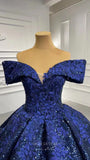 Prom Dress 2025 Dark Blue Lace Applique Ball Gown Off the Shoulder Formal Dresses 66536B-unique elegant Prom Dresses-Blue-Custom Size-vigocouture