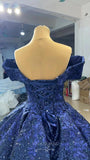 Prom Dress 2025 Dark Blue Lace Applique Ball Gown Off the Shoulder Formal Dresses 66536B-unique elegant Prom Dresses-Blue-Custom Size-vigocouture