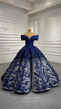 Prom Dress 2025 Dark Blue Lace Applique Ball Gown Off the Shoulder Formal Dresses 66536B-unique elegant Prom Dresses-Blue-Custom Size-vigocouture