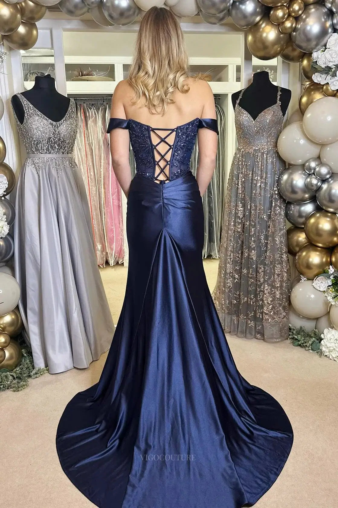 Prom Dresses 2025 to impress Dark Blue Satin Sheath Prom Dresses with Slit Off the Shoulder Lace Formal Dress – 25173-vigocouture-vigocouture