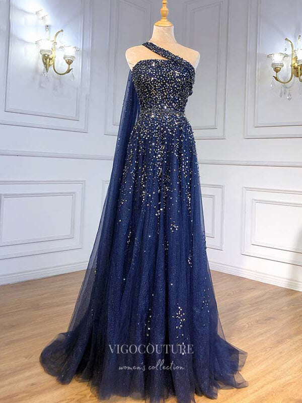 Prom Dress 2025 Dark Blue Sequin Prom Dresses One Shoulder Evening Dresses 21195-unique elegant Prom Dresses-Blue-US2-vigocouture