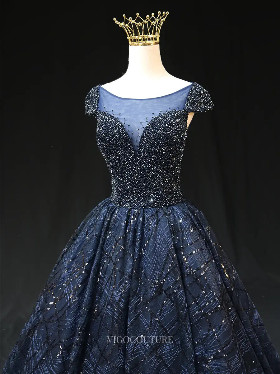 Prom Dresses 2025 to impress Dark Blue Sparkly Lace Prom Dresses with Beaded Bodice, Cap Sleeve, Quinceanera Dresses SU009-vigocouture-vigocouture