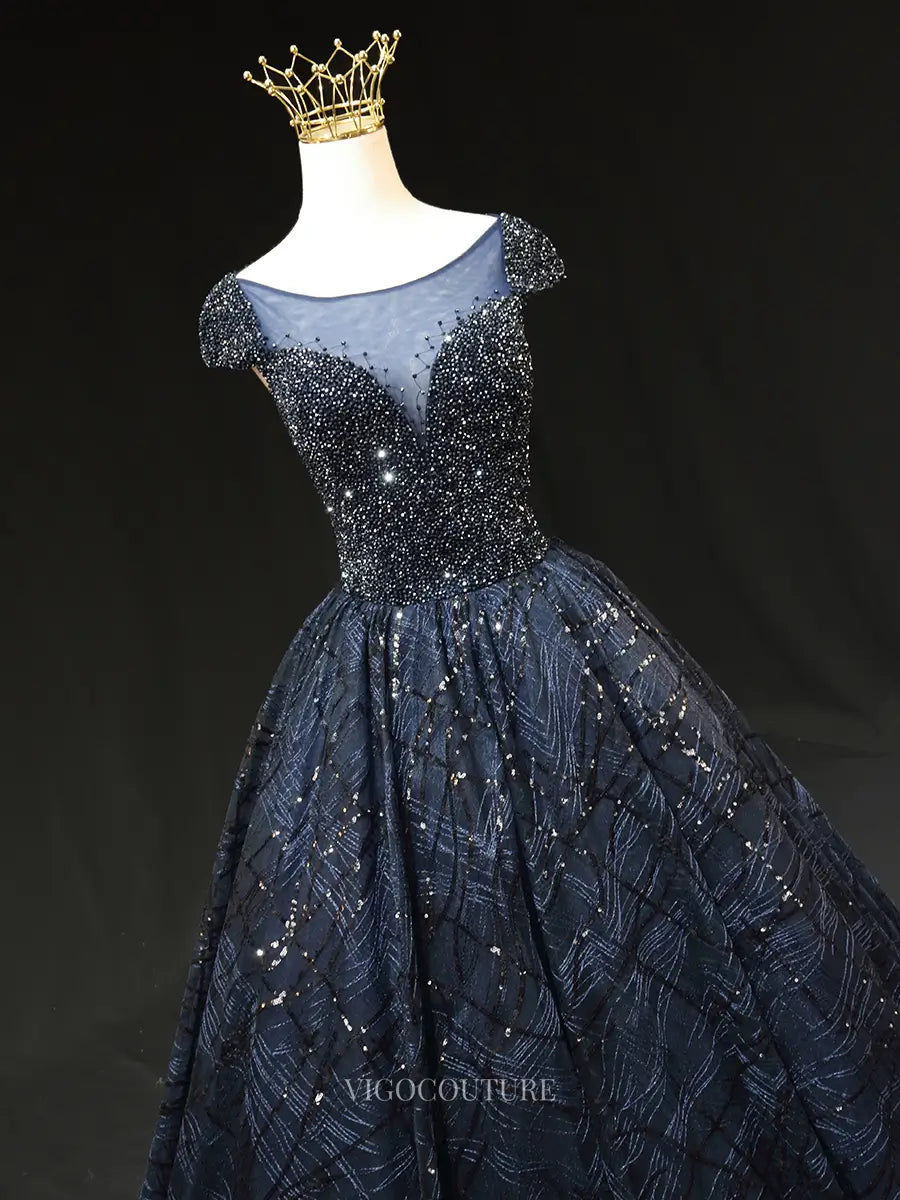 Prom Dresses 2025 to impress Dark Blue Sparkly Lace Prom Dresses with Beaded Bodice, Cap Sleeve, Quinceanera Dresses SU009-vigocouture-vigocouture