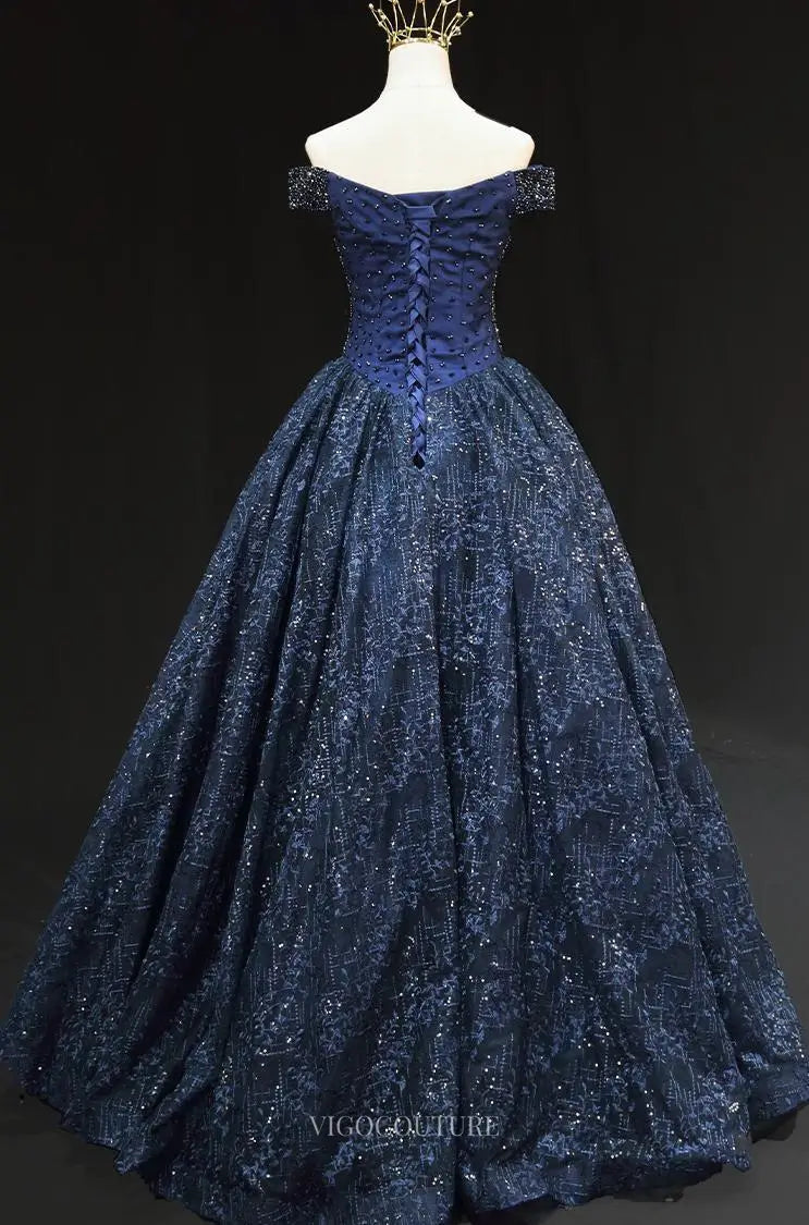 Prom Dresses 2025 to impress Dark Blue Sparkly Lace Prom Dresses with Beaded Bodice, Off the Shoulder, Quinceanera Dresses SU010-vigocouture-vigocouture