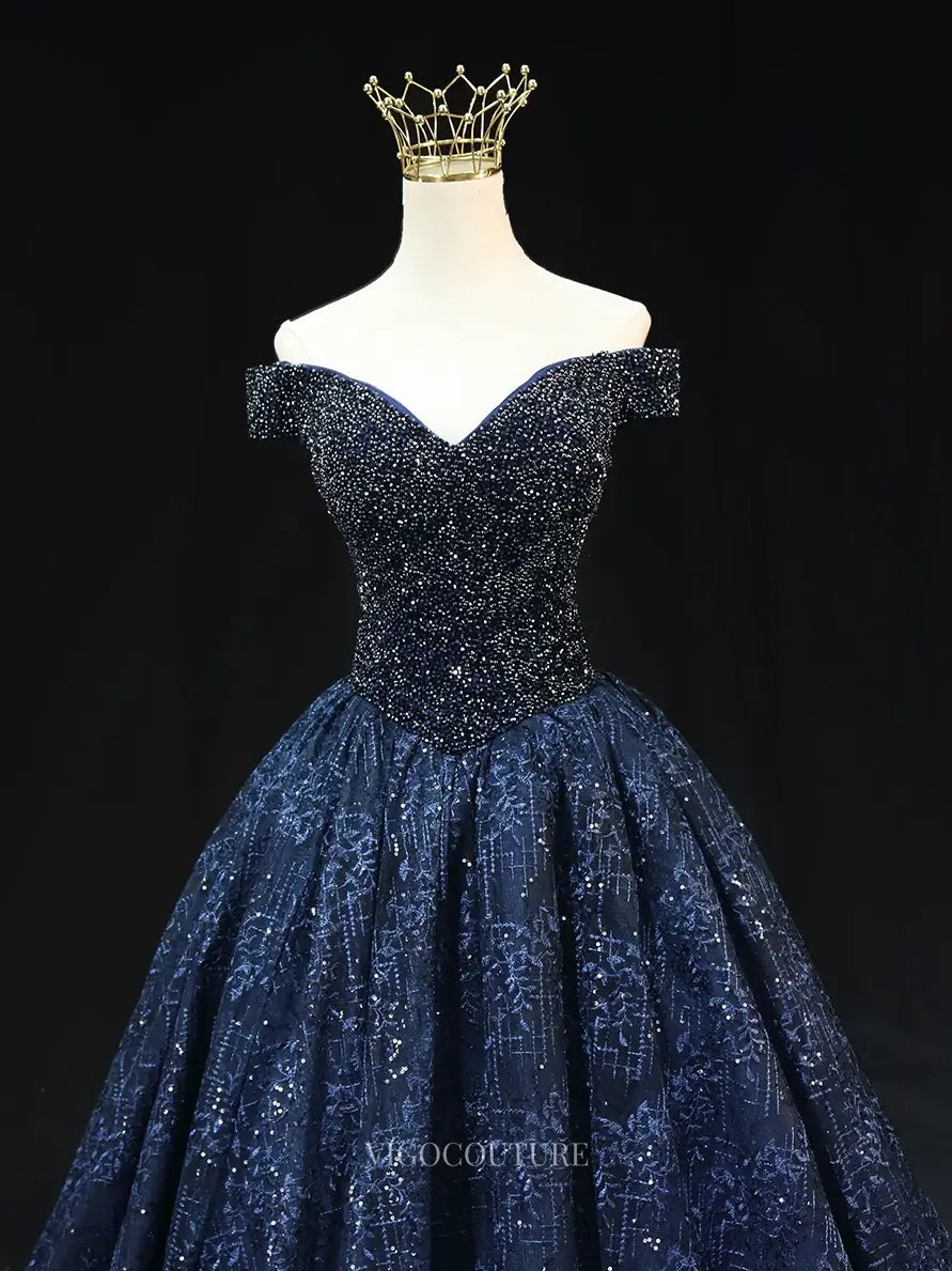 Prom Dresses 2025 to impress Dark Blue Sparkly Lace Prom Dresses with Beaded Bodice, Off the Shoulder, Quinceanera Dresses SU010-vigocouture-vigocouture