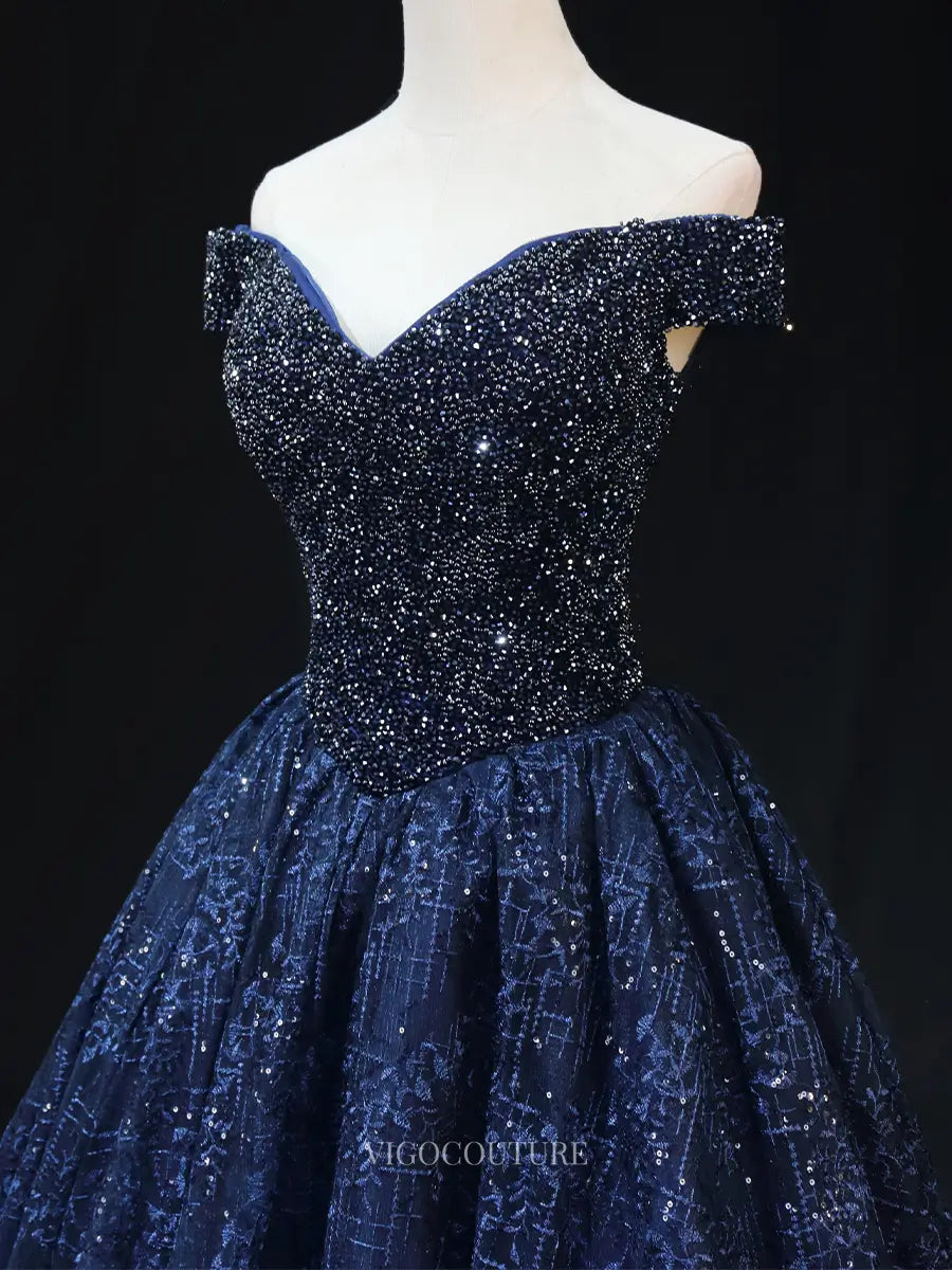 Prom Dresses 2025 to impress Dark Blue Sparkly Lace Prom Dresses with Beaded Bodice, Off the Shoulder, Quinceanera Dresses SU010-vigocouture-vigocouture