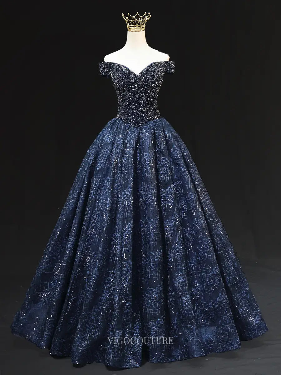 Prom Dresses 2025 to impress Dark Blue Sparkly Lace Prom Dresses with Beaded Bodice, Off the Shoulder, Quinceanera Dresses SU010-vigocouture-Dark Blue-Custom Size-vigocouture