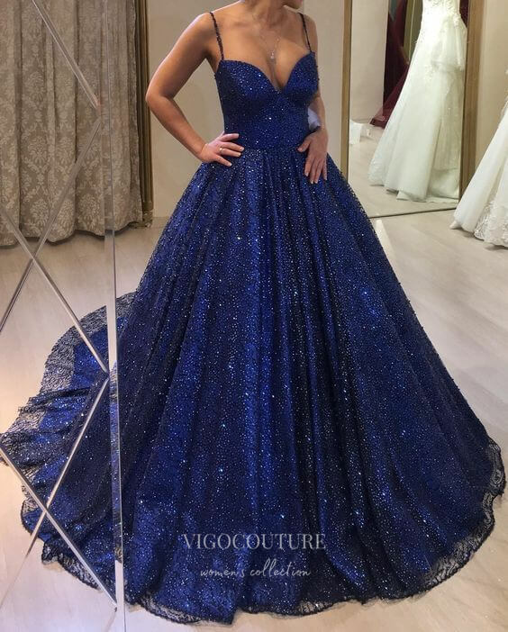 Prom Dress 2025 Dark Blue Sparkly Tulle Prom Dress with Spaghetti Strap 22227-unique elegant Prom Dresses-Dark Blue-Custom Size-vigocouture