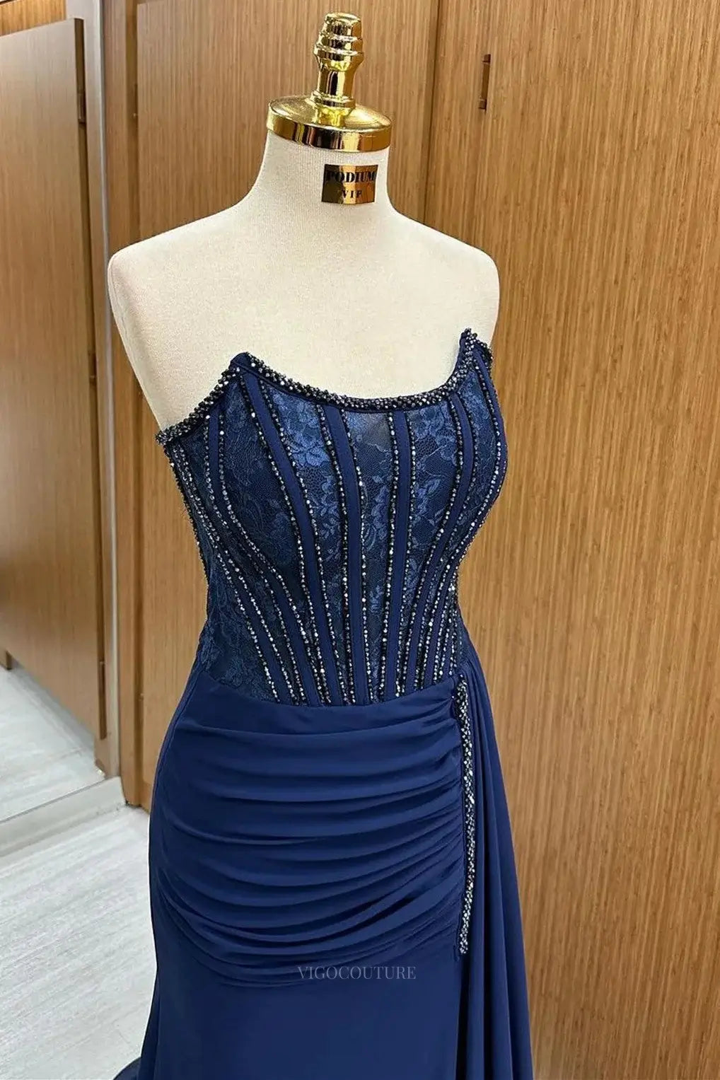 Prom Dresses 2025 to impress Dark Blue Strapless Chiffon Prom Dresses 2025 with Slit & Beaded Bodice – 25104-vigocouture-vigocouture