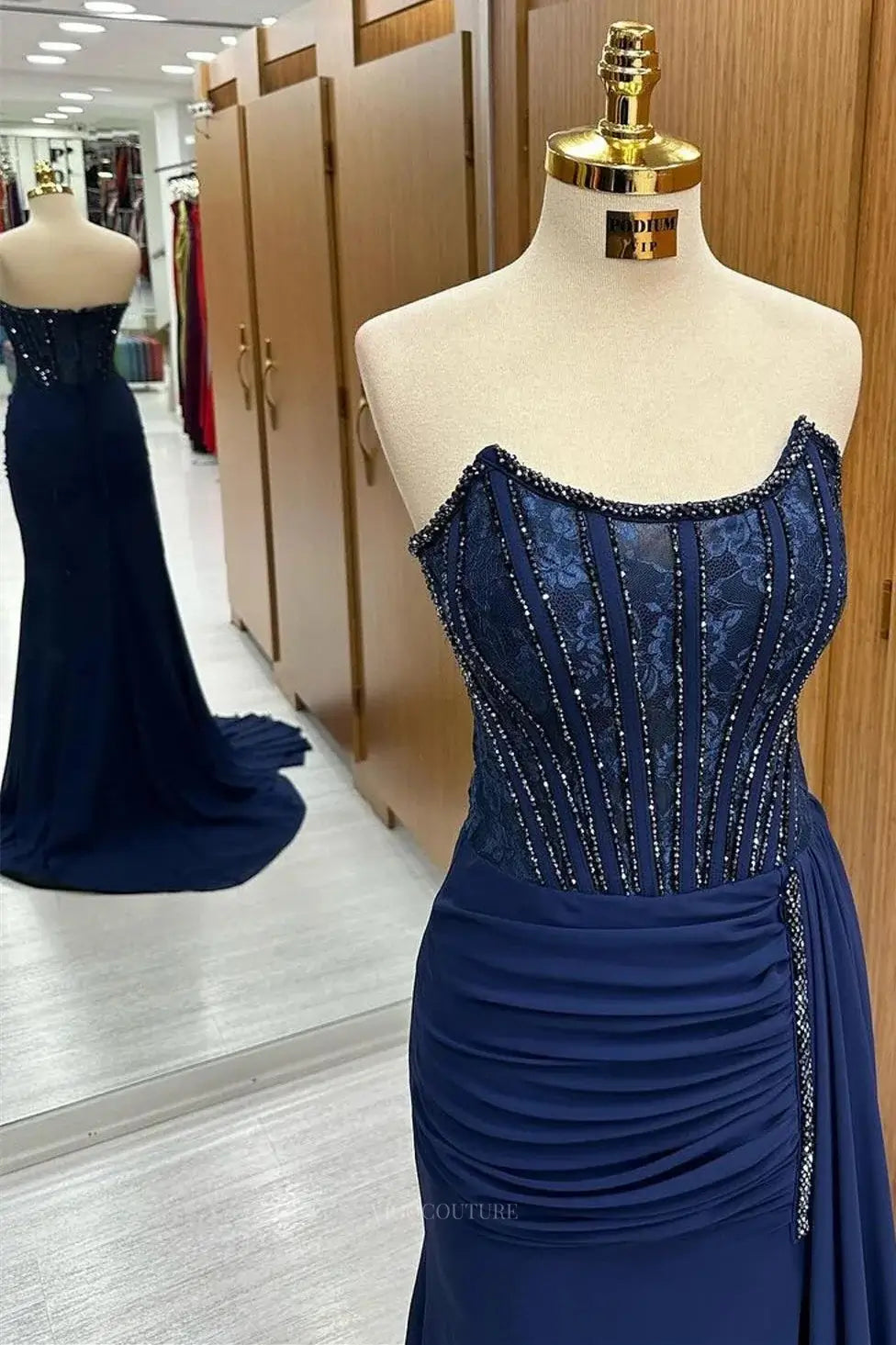 Prom Dresses 2025 to impress Dark Blue Strapless Chiffon Prom Dresses 2025 with Slit & Beaded Bodice – 25104-vigocouture-vigocouture