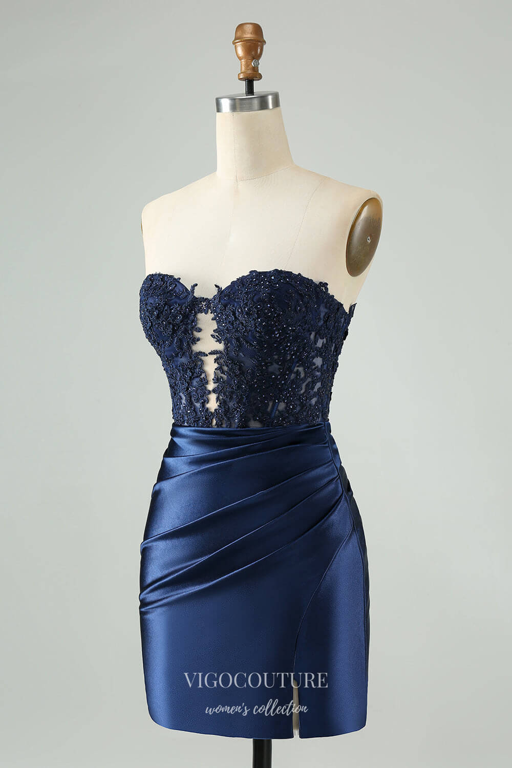 Zapaka Women Smart Sparkly Navy Graduation Dress with Lace Strapless Bodycon Ruched Cocktail Dress with Slit, Purple / UK12 Zapaka Women Smart Sparkly Navy Graduation Dress with Lace Strapless Bodycon Ruched Cocktail Dress with Slit, Purple / UK12