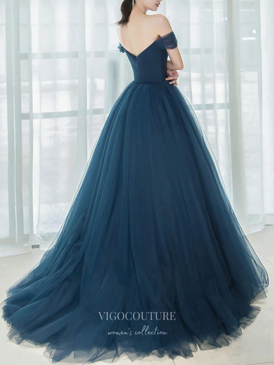 Prom Dress 2025 Dark Blue Tulle Prom Dresses Off the Shoulder Formal Gown 21853-unique elegant Prom Dresses-Dusty Blue-US2-vigocouture