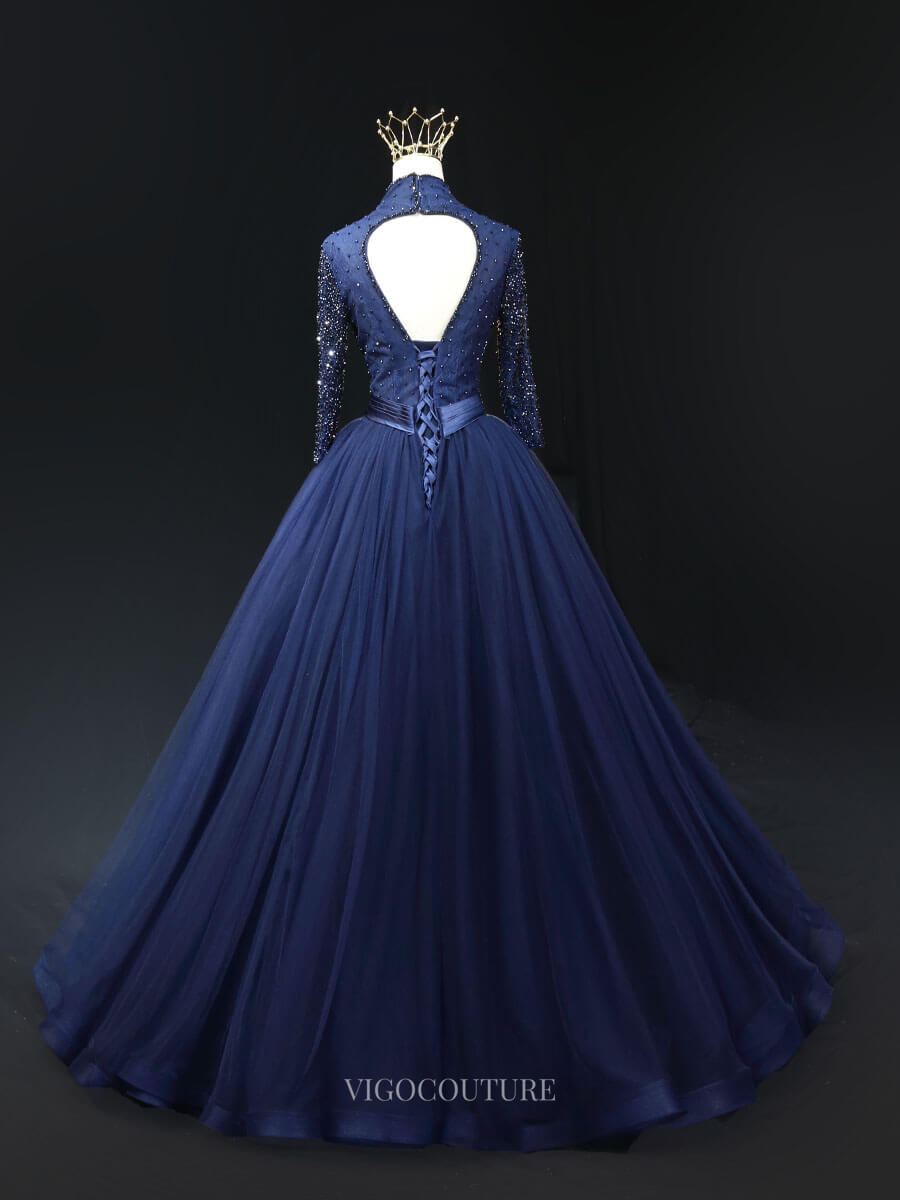 Prom Dresses 2025 to impress Dark Blue Tulle Prom Dresses with Long Sleeve, Beaded Bodice, V-Neck, Quince Dresses BG046-vigocouture-vigocouture